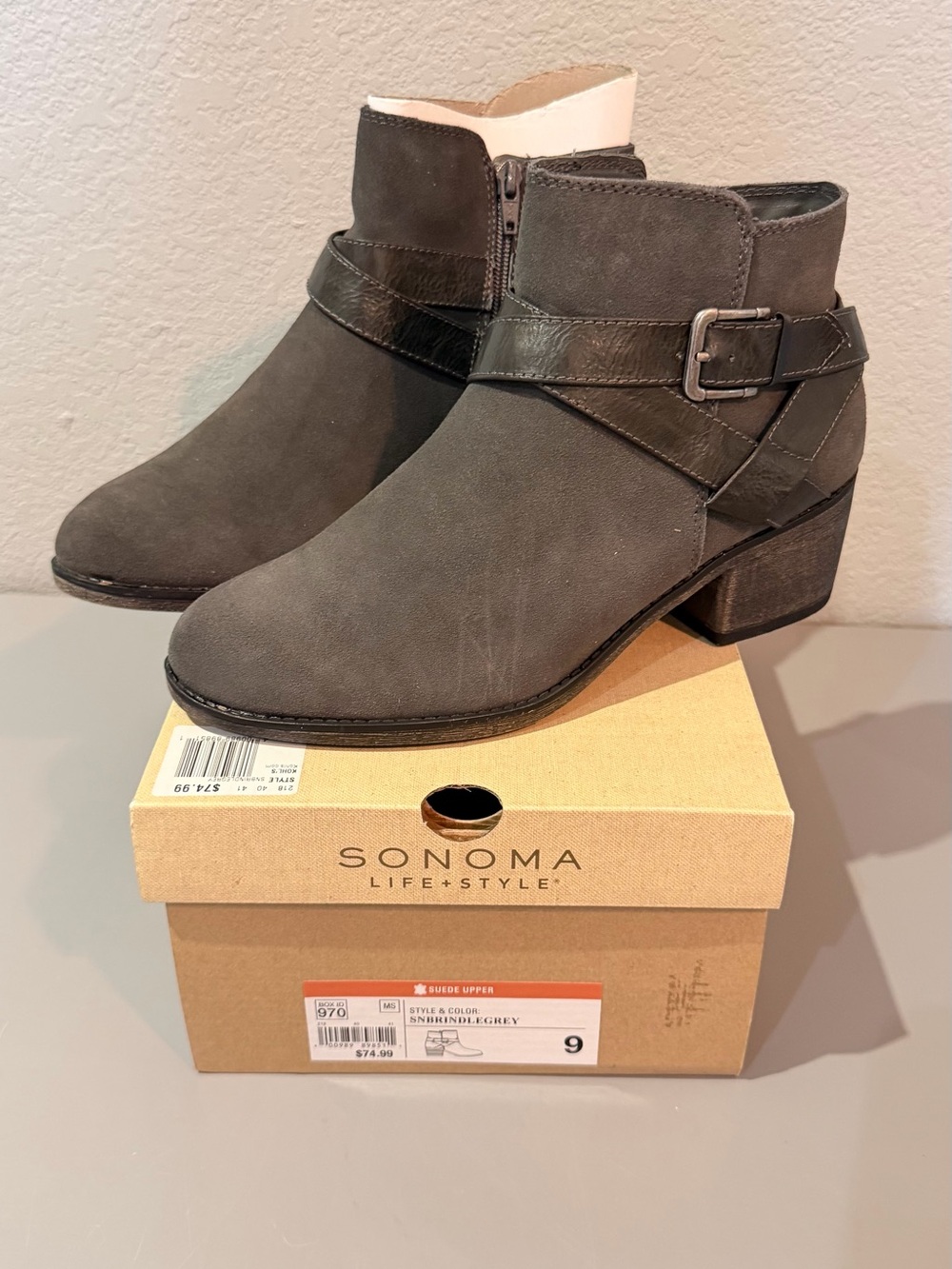Sonoma Charcoal Gray Suede Ankle Booties with Buckle Strap